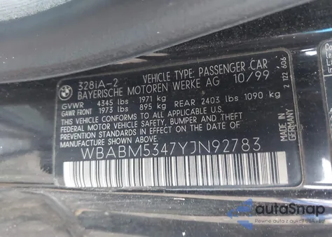 2000 BMW 328Ci из США, поврежденный, VIN WBABM5347YJN92783